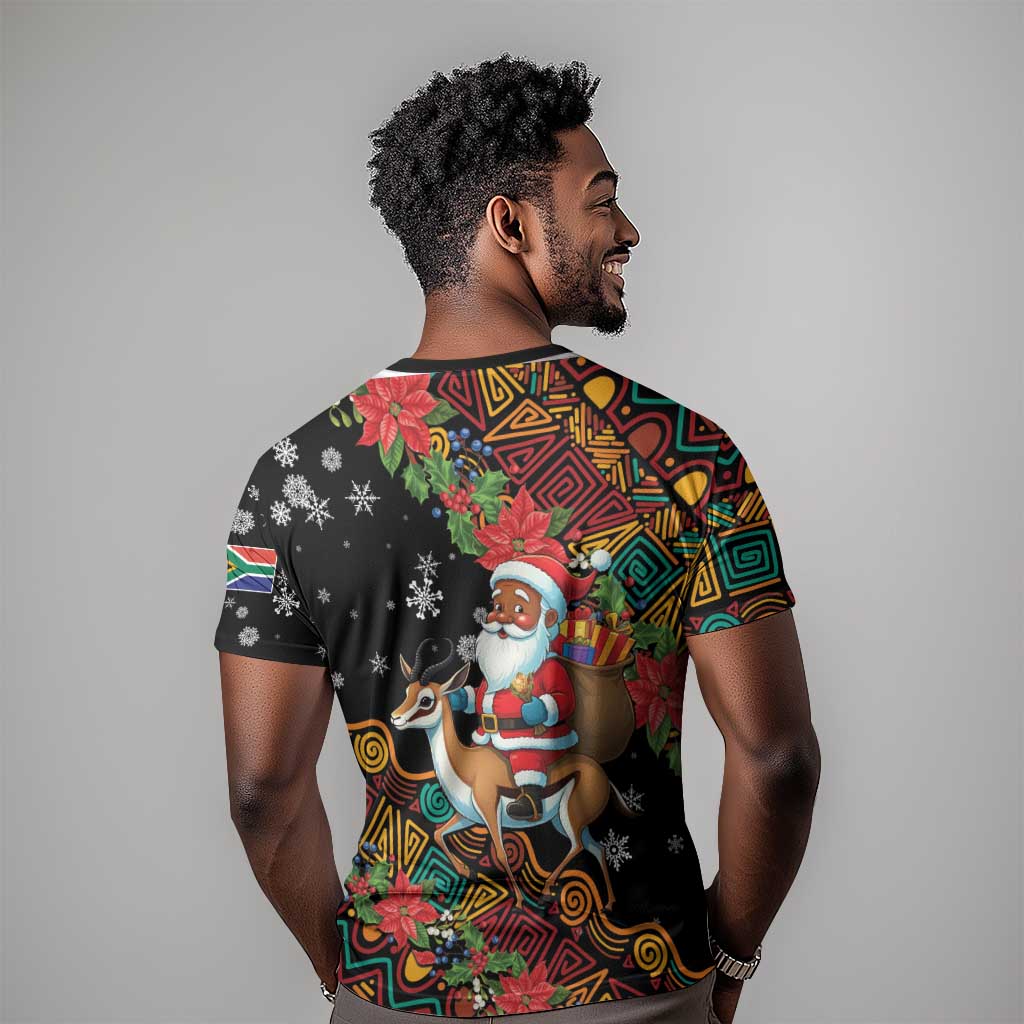 South Africa Gelukkige Kersfees T shirt Black Santa Claus Riding Springbok LT01