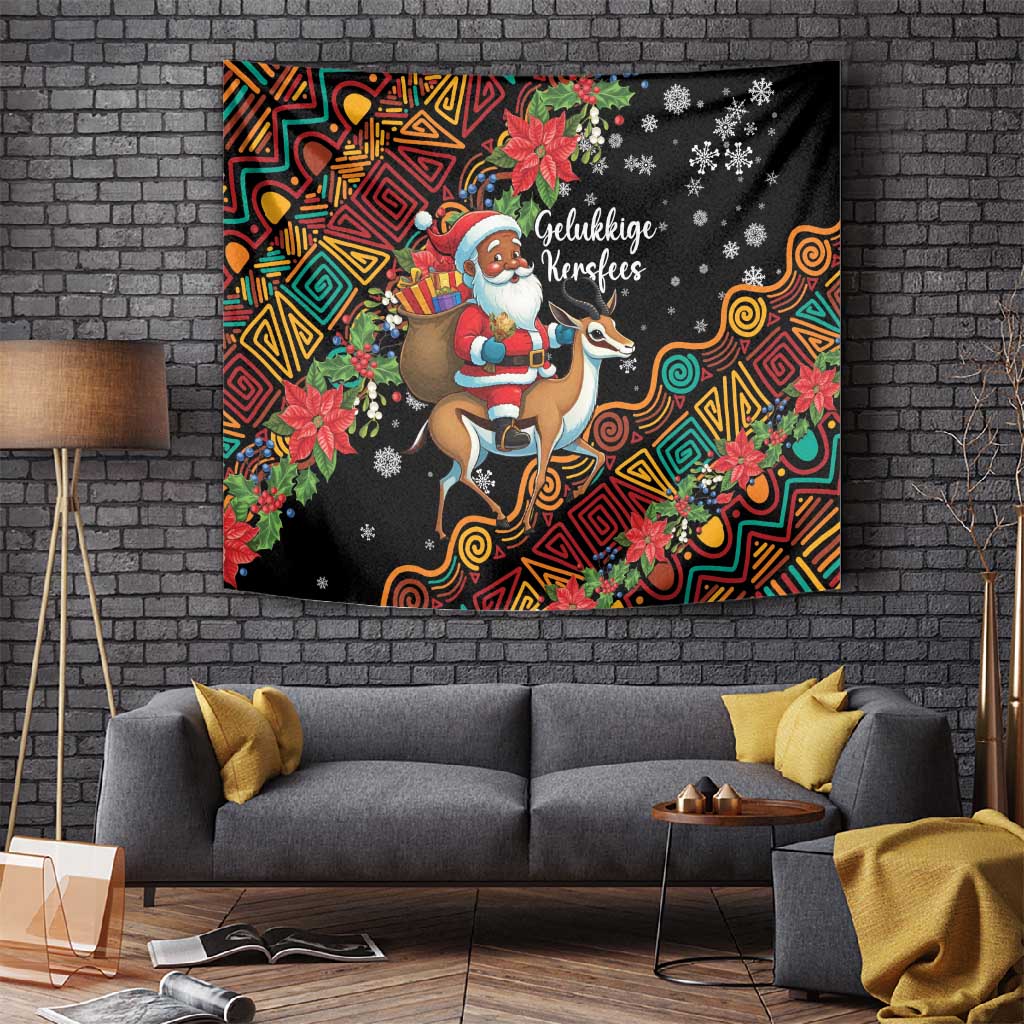 South Africa Gelukkige Kersfees Tapestry Black Santa Claus Riding Springbok LT01