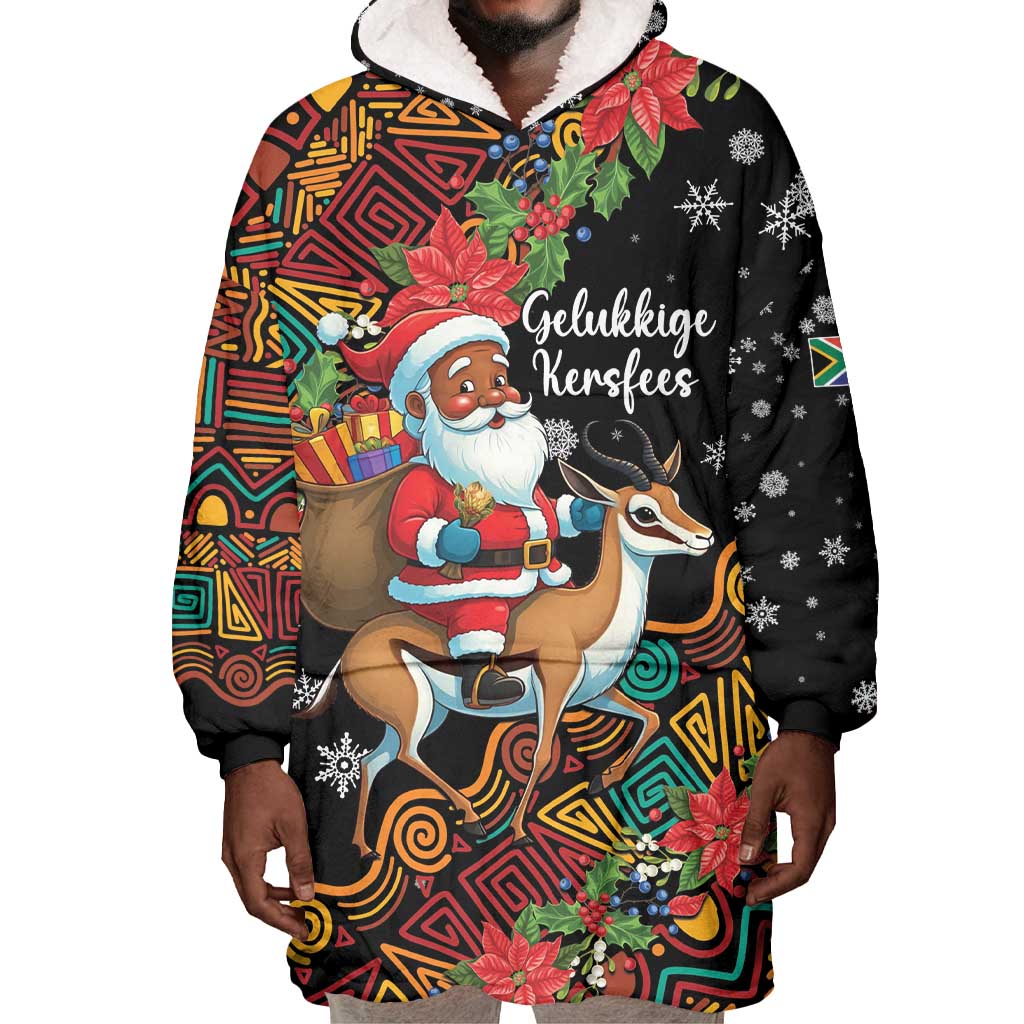 South Africa Gelukkige Kersfees Wearable Blanket Hoodie Black Santa Claus Riding Springbok LT01