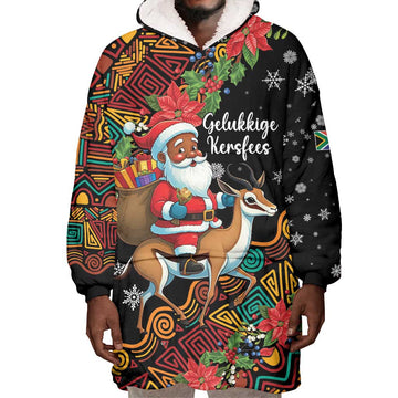 South Africa Gelukkige Kersfees Wearable Blanket Hoodie Black Santa Claus Riding Springbok LT01