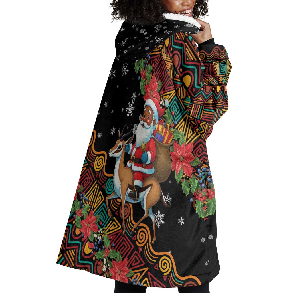 South Africa Gelukkige Kersfees Wearable Blanket Hoodie Black Santa Claus Riding Springbok LT01