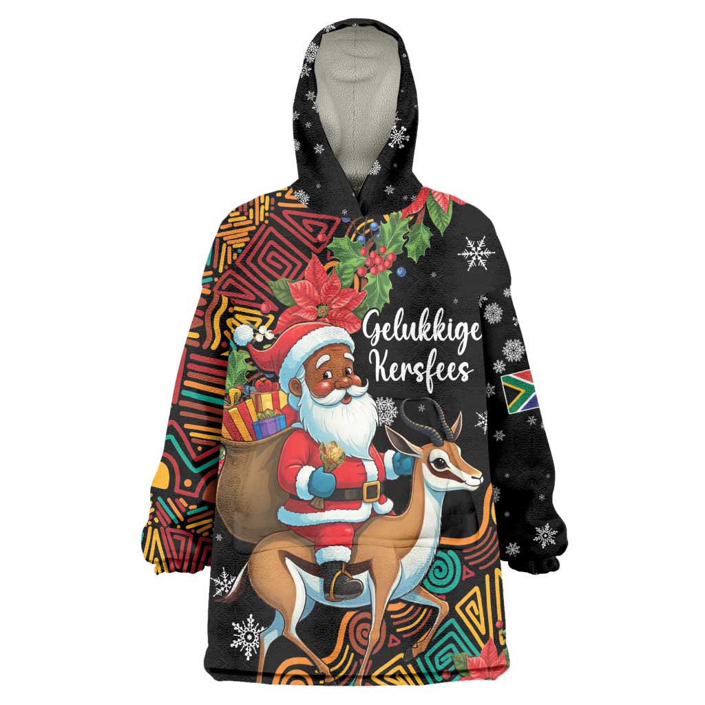 South Africa Gelukkige Kersfees Wearable Blanket Hoodie Black Santa Claus Riding Springbok LT01