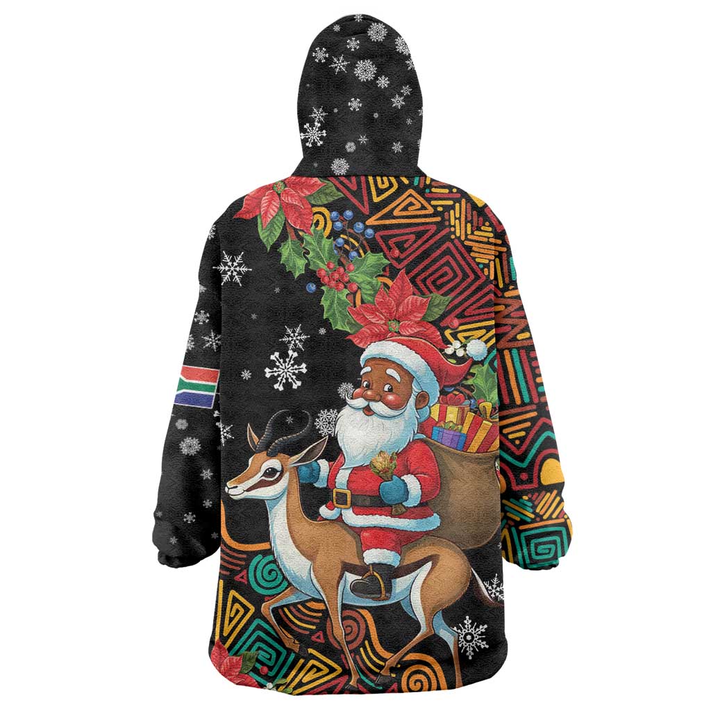 South Africa Gelukkige Kersfees Wearable Blanket Hoodie Black Santa Claus Riding Springbok LT01