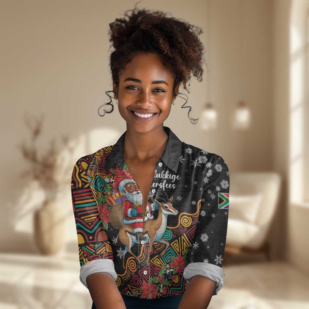 South Africa Gelukkige Kersfees Women Casual Shirt Black Santa Claus Riding Springbok LT01