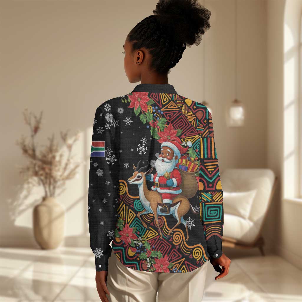 South Africa Gelukkige Kersfees Women Casual Shirt Black Santa Claus Riding Springbok LT01