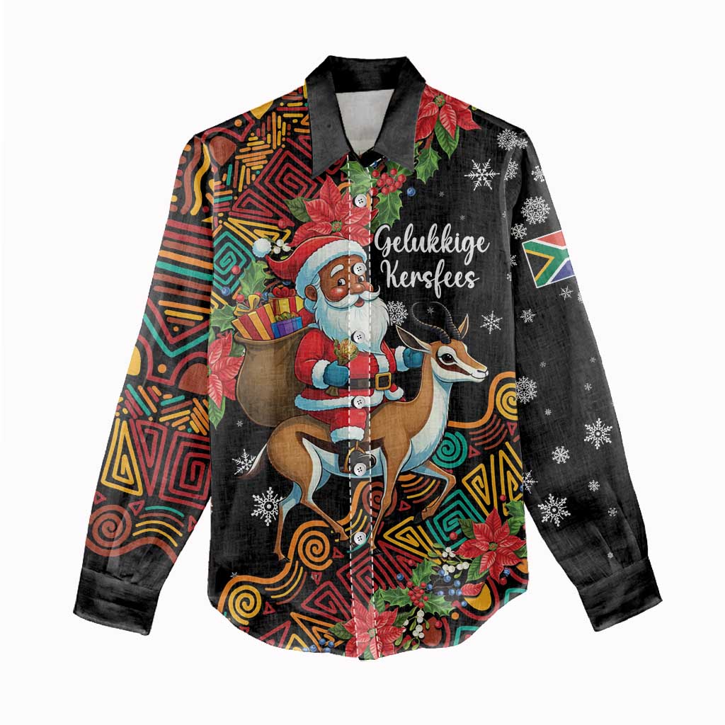 South Africa Gelukkige Kersfees Women Casual Shirt Black Santa Claus Riding Springbok LT01