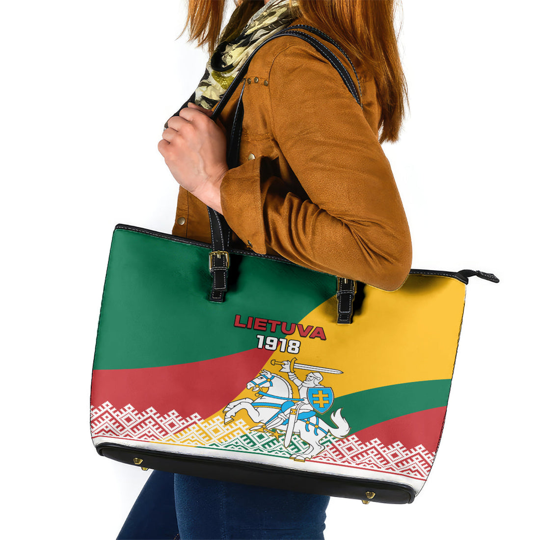 Lithuania Independence Day Personalized Leather Tote Bag Lietuva Vytis 106th Anniversary LT01