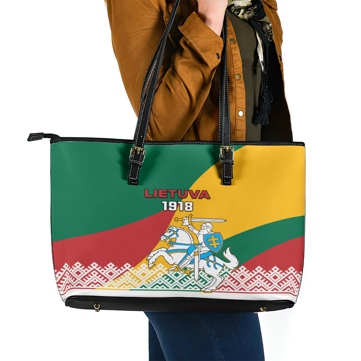 Lithuania Independence Day Personalized Leather Tote Bag Lietuva Vytis 106th Anniversary LT01