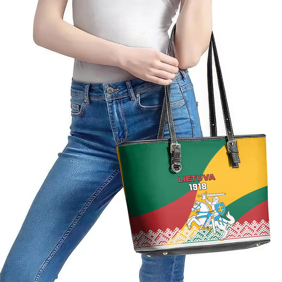 Lithuania Independence Day Personalized Leather Tote Bag Lietuva Vytis 106th Anniversary LT01