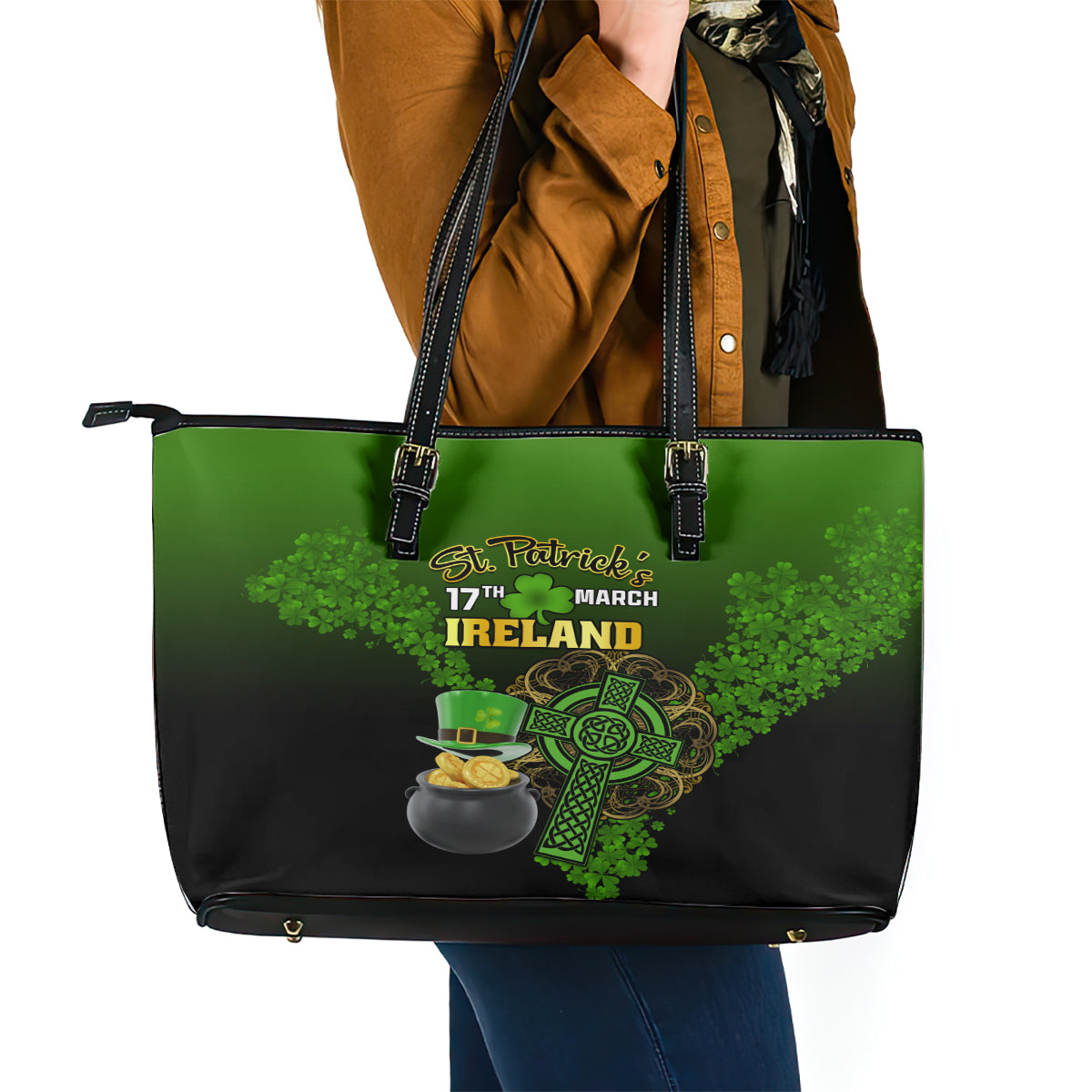 Leprechaun Hat Gold Coins St Patricks Day Personalized Leather Tote Bag With Irish Celtic Shamrock LT01