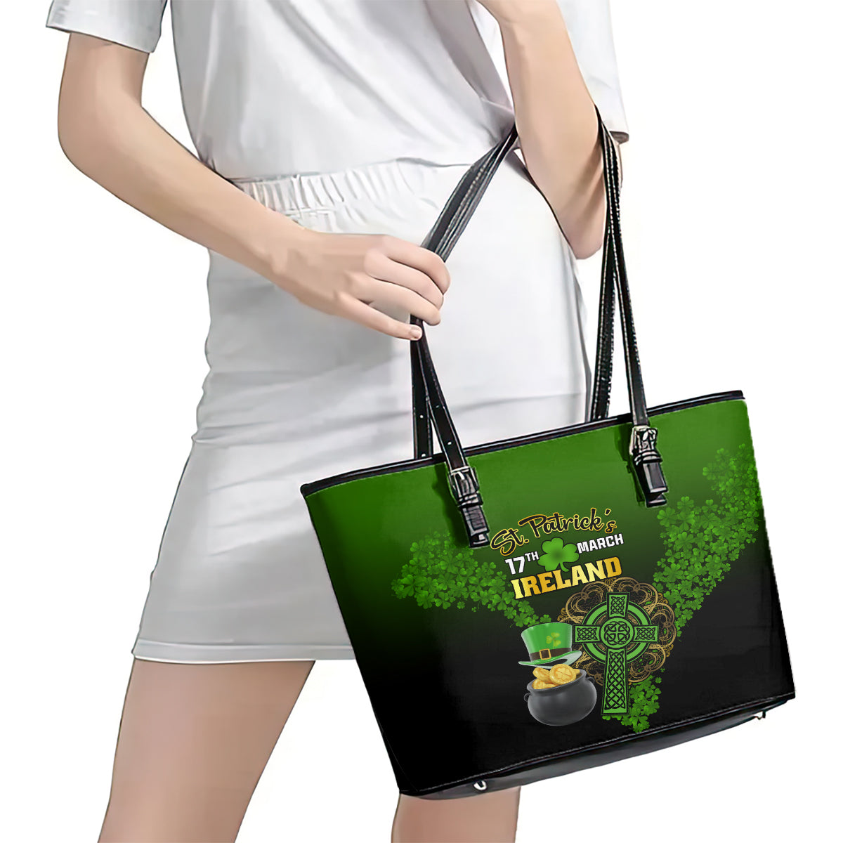Leprechaun Hat Gold Coins St Patricks Day Personalized Leather Tote Bag With Irish Celtic Shamrock LT01
