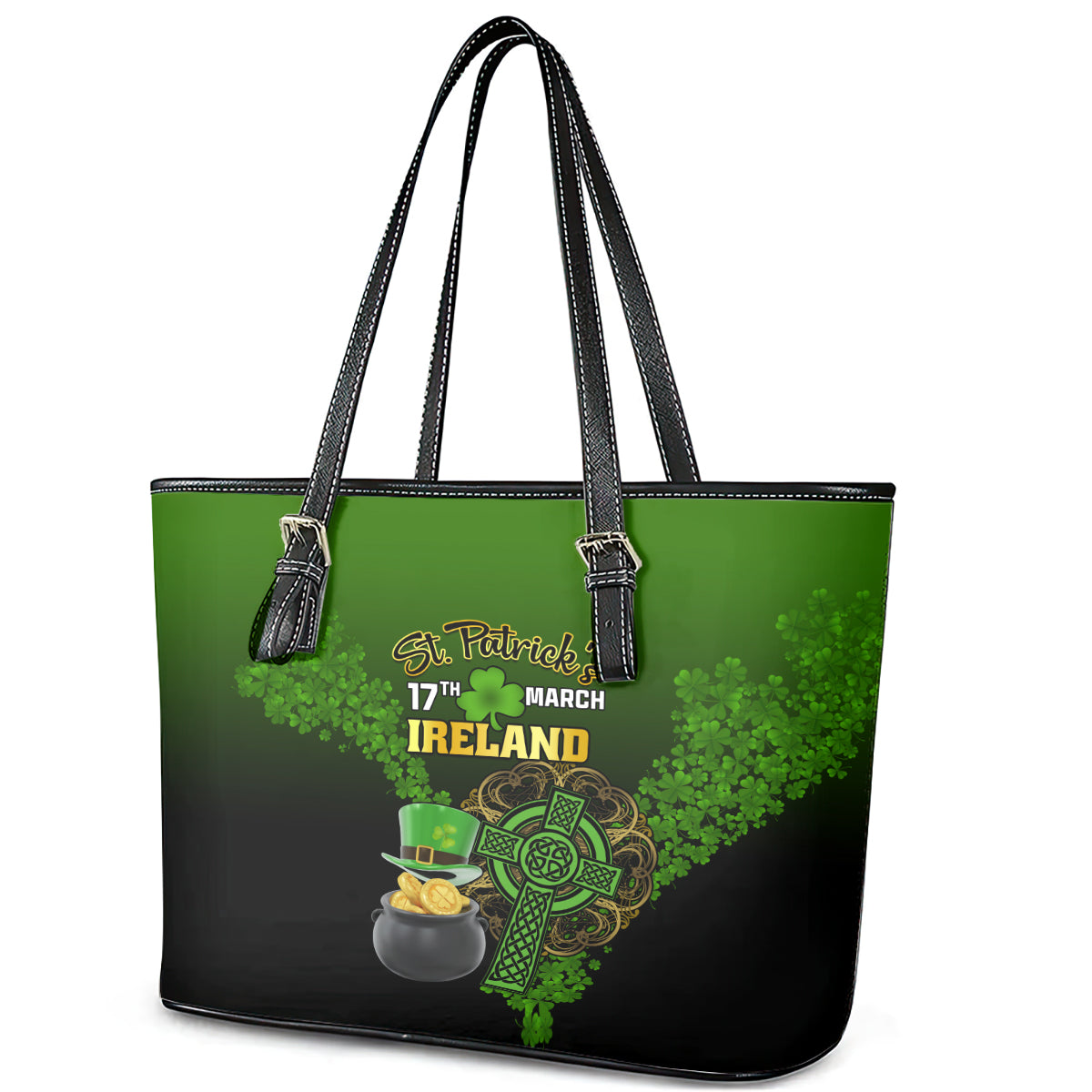 Leprechaun Hat Gold Coins St Patricks Day Personalized Leather Tote Bag With Irish Celtic Shamrock LT01