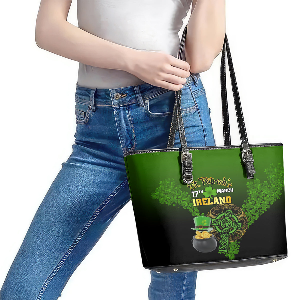 Leprechaun Hat Gold Coins St Patricks Day Personalized Leather Tote Bag With Irish Celtic Shamrock LT01