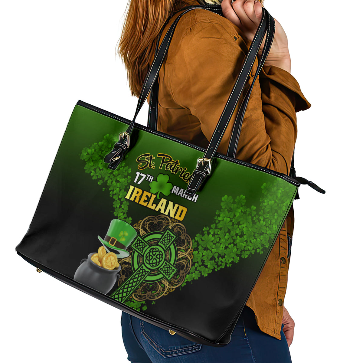 Leprechaun Hat Gold Coins St Patricks Day Personalized Leather Tote Bag With Irish Celtic Shamrock LT01