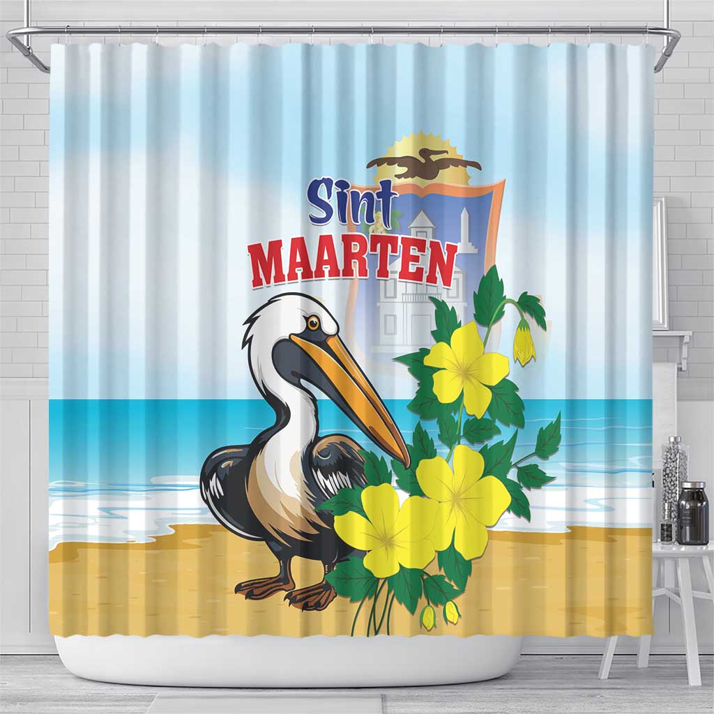 Sint Maarten Shower Curtain Brown Pelican With Yellow Sage LT01