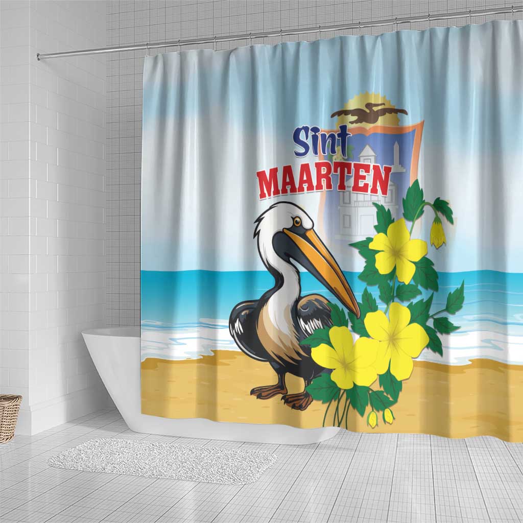Sint Maarten Shower Curtain Brown Pelican With Yellow Sage LT01