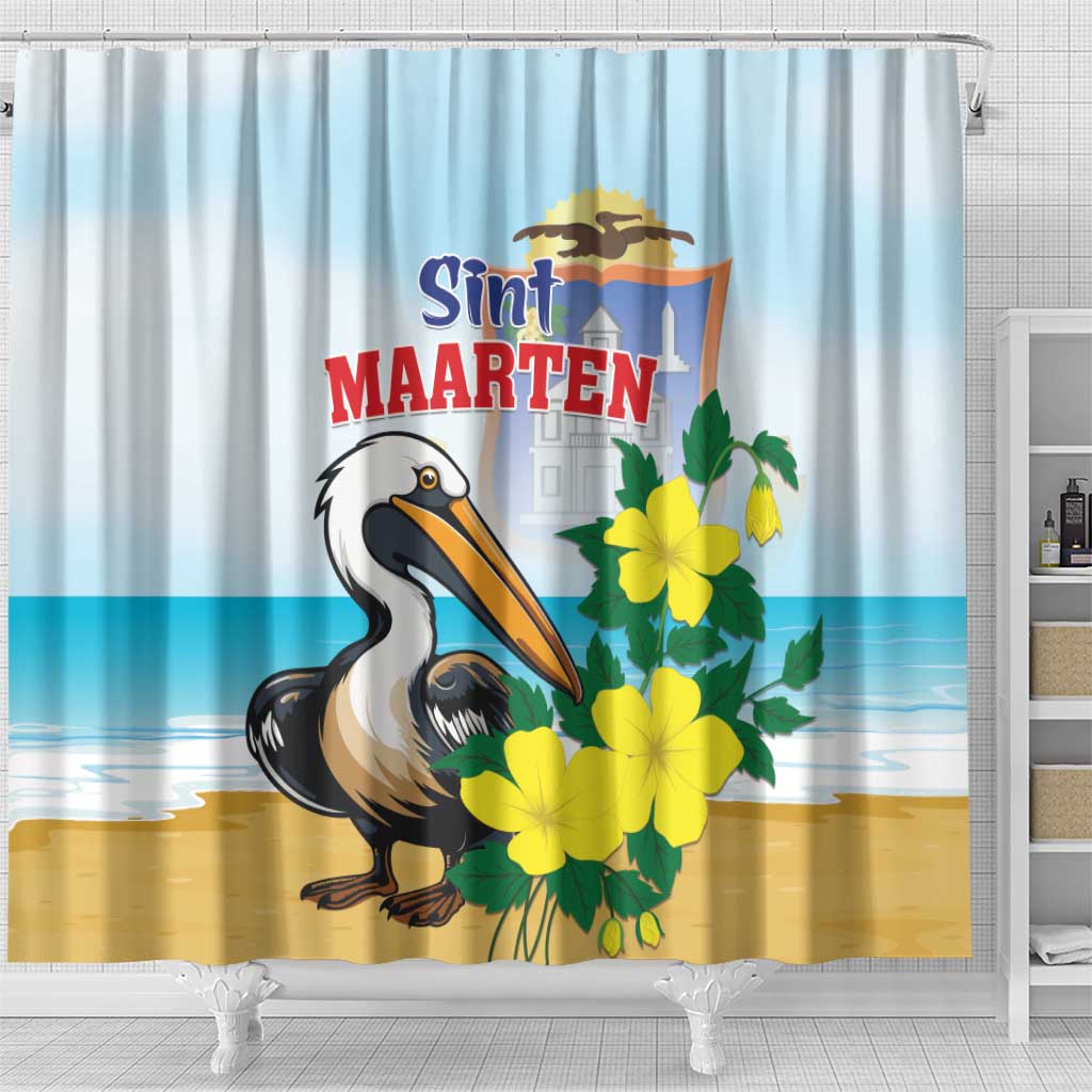 Sint Maarten Shower Curtain Brown Pelican With Yellow Sage LT01