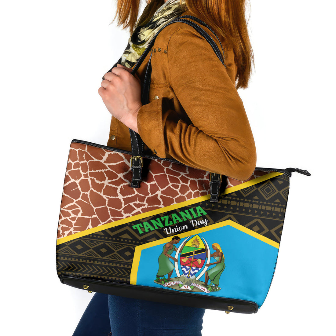 Tanzania Union Day 2024 Leather Tote Bag Uhuru na Umoja Giraffe Pattern LT01