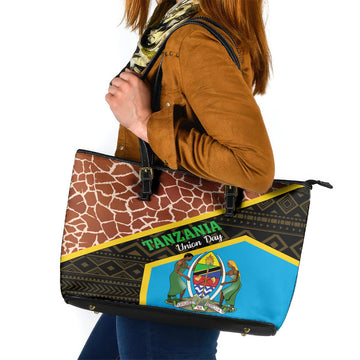 Tanzania Union Day 2024 Leather Tote Bag Uhuru na Umoja Giraffe Pattern LT01