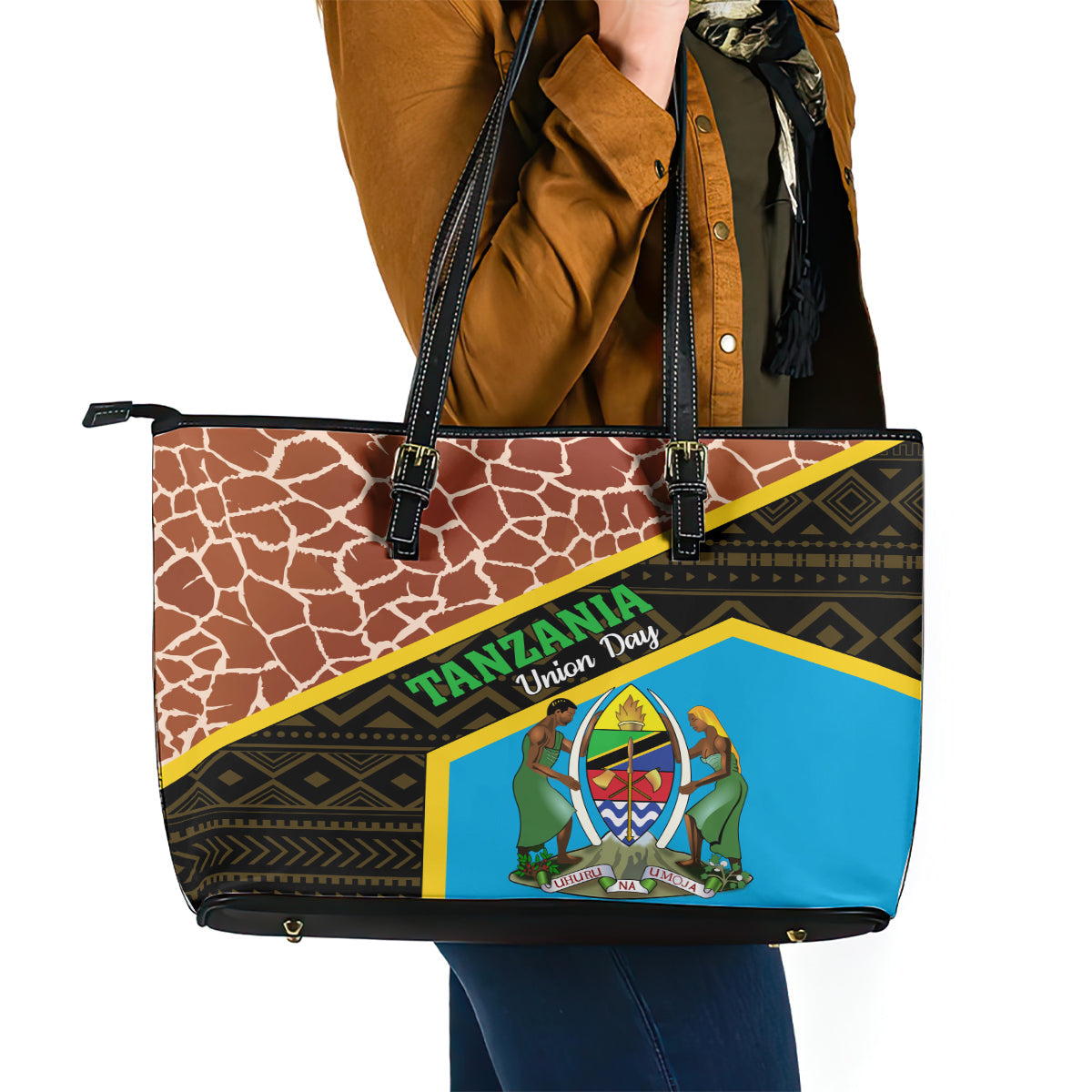 Tanzania Union Day 2024 Leather Tote Bag Uhuru na Umoja Giraffe Pattern LT01