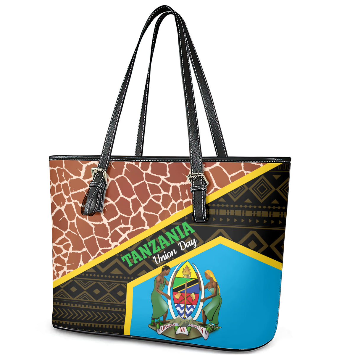 Tanzania Union Day 2024 Leather Tote Bag Uhuru na Umoja Giraffe Pattern LT01
