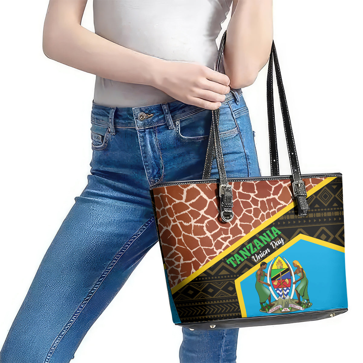 Tanzania Union Day 2024 Leather Tote Bag Uhuru na Umoja Giraffe Pattern LT01