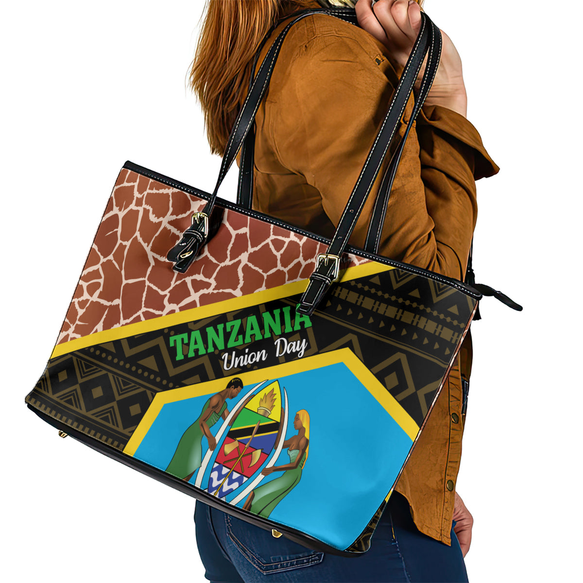 Tanzania Union Day 2024 Leather Tote Bag Uhuru na Umoja Giraffe Pattern LT01