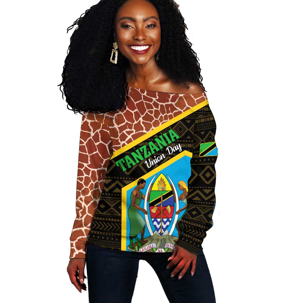 Tanzania Union Day 2024 Off Shoulder Sweater Uhuru na Umoja Giraffe Pattern LT01