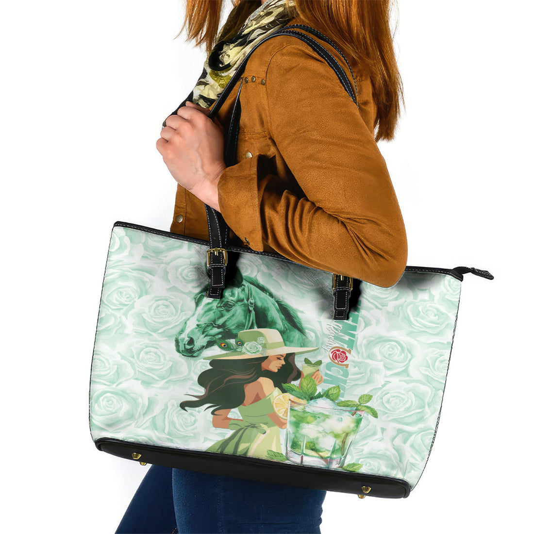 Kentucky Horse Racing Leather Tote Bag Fancy Lady With Derby Mint Julep Cocktail LT01