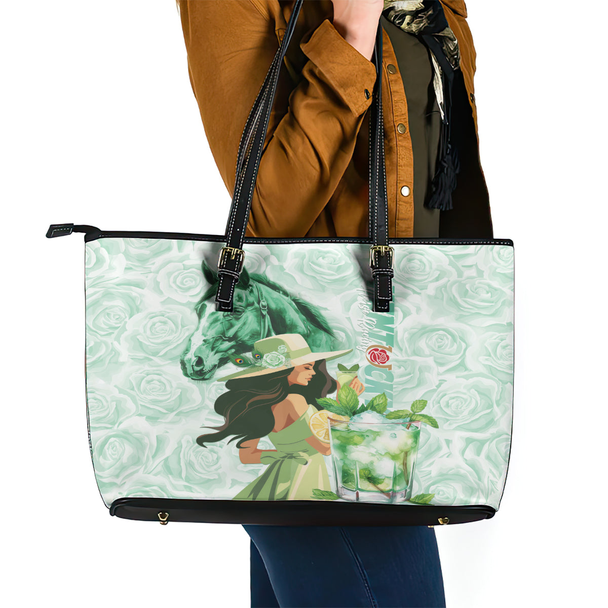 Kentucky Horse Racing Leather Tote Bag Fancy Lady With Derby Mint Julep Cocktail LT01