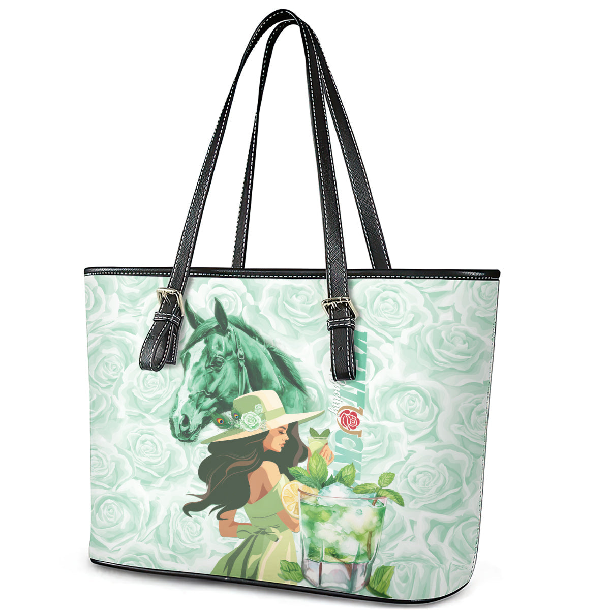 Kentucky Horse Racing Leather Tote Bag Fancy Lady With Derby Mint Julep Cocktail LT01