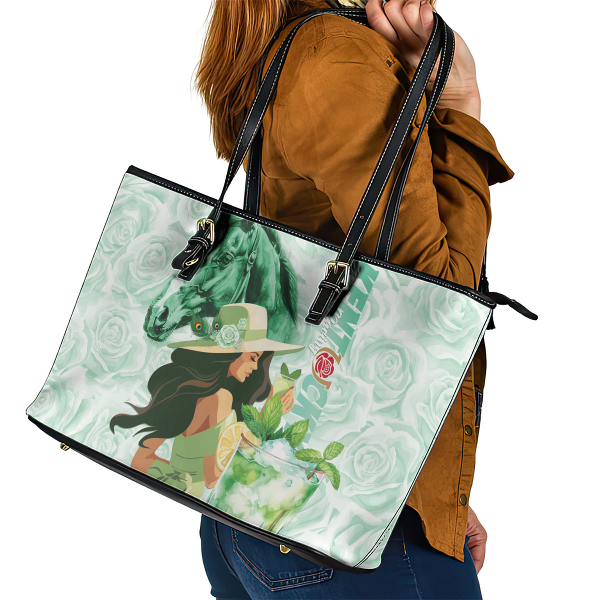 Kentucky Horse Racing Leather Tote Bag Fancy Lady With Derby Mint Julep Cocktail LT01