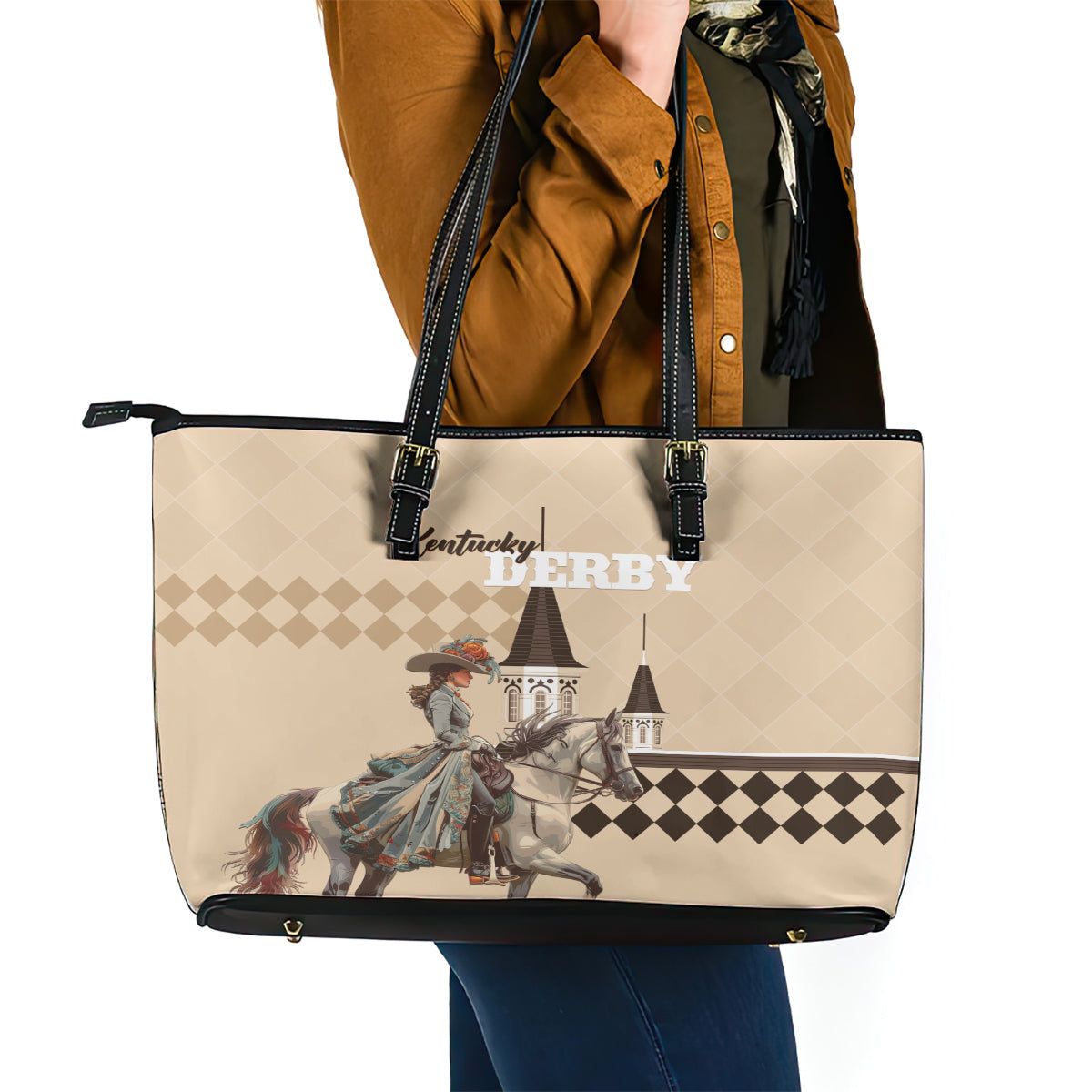 Kentucky Horse Racing Leather Tote Bag Derby Lady Riding Horse Twin Spires LT01