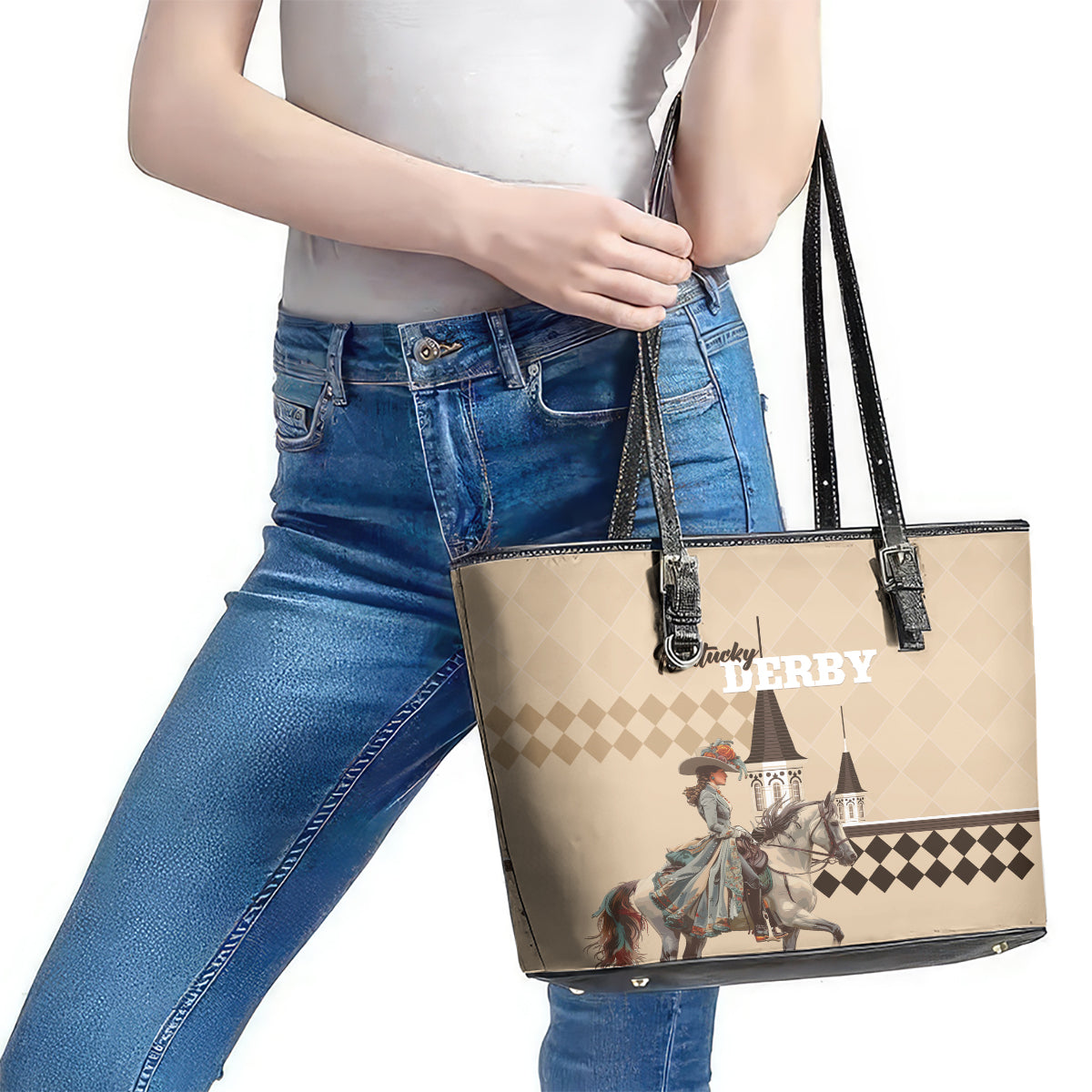 Kentucky Horse Racing Leather Tote Bag Derby Lady Riding Horse Twin Spires LT01