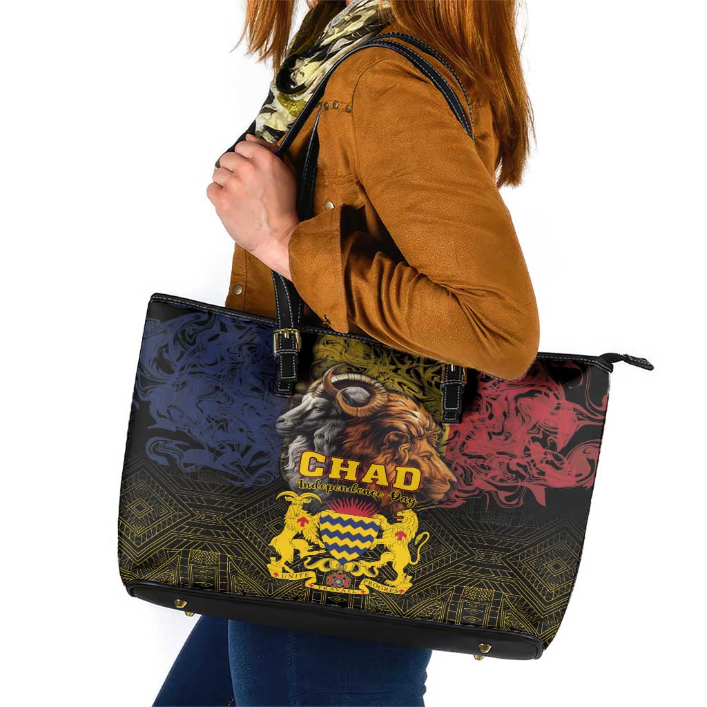 Chad Independence Day 1960 Leather Tote Bag Tchad Goat and Lion African Pattern LT01