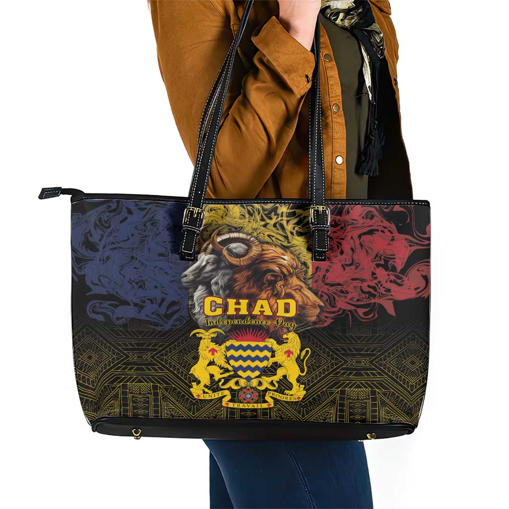 Chad Independence Day 1960 Leather Tote Bag Tchad Goat and Lion African Pattern LT01