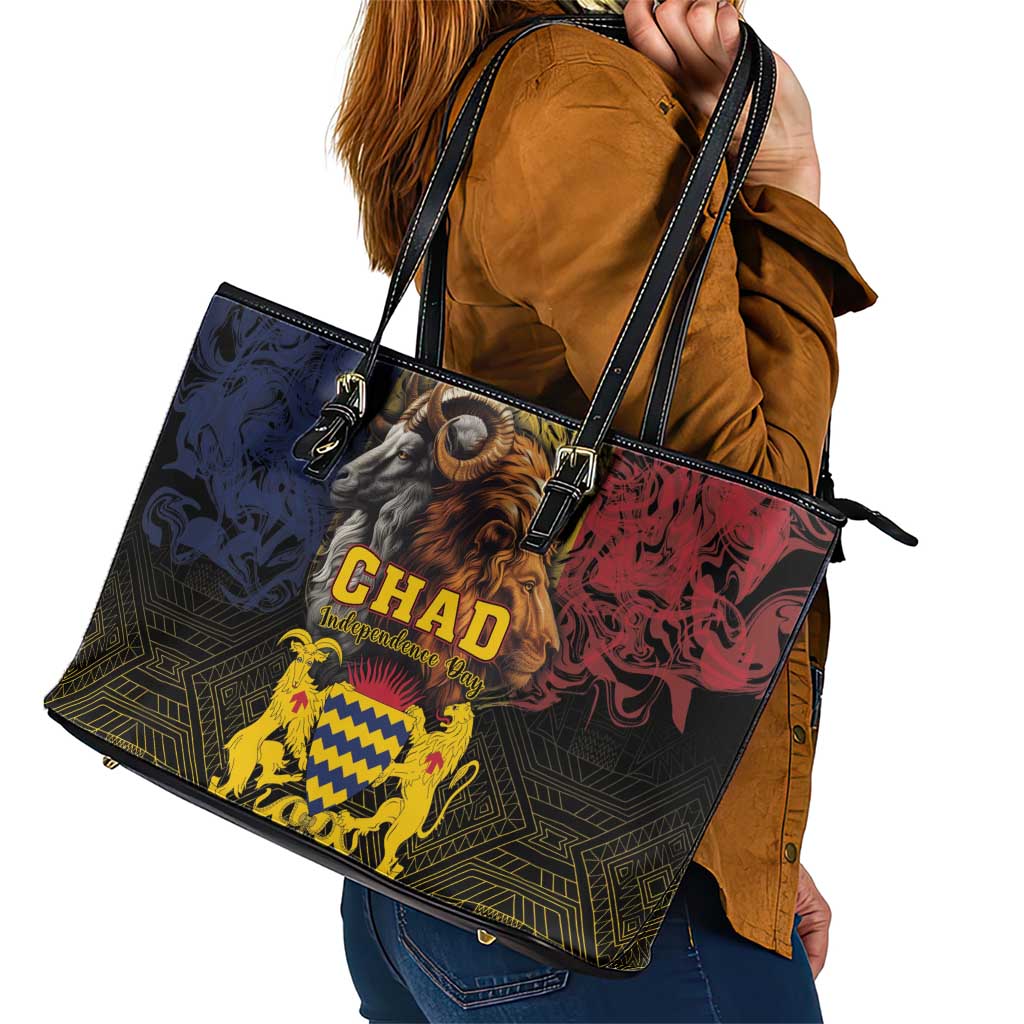 Chad Independence Day 1960 Leather Tote Bag Tchad Goat and Lion African Pattern LT01