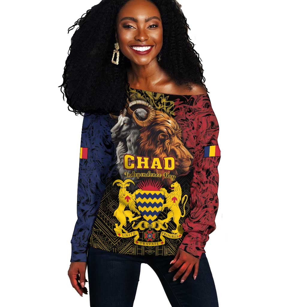 Chad Independence Day 1960 Off Shoulder Sweater Tchad Goat and Lion African Pattern LT01