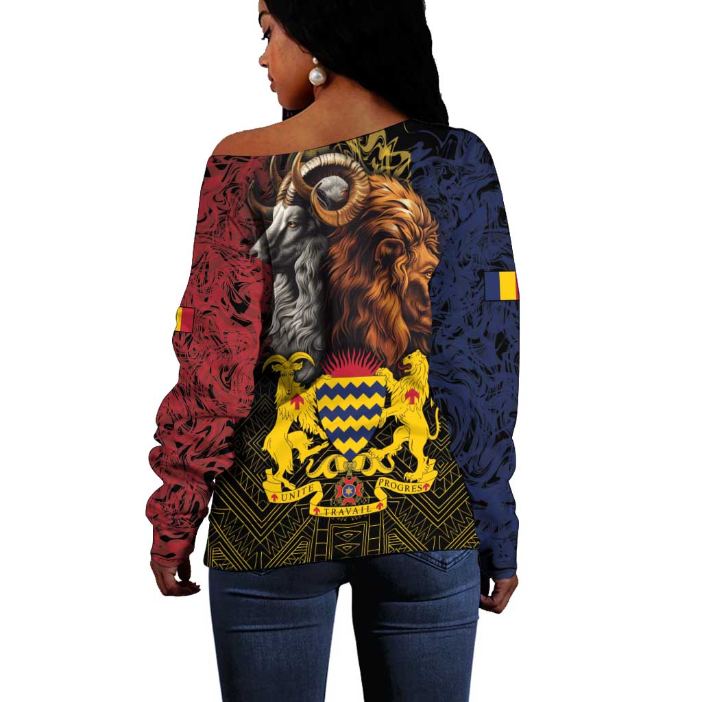Chad Independence Day 1960 Off Shoulder Sweater Tchad Goat and Lion African Pattern LT01