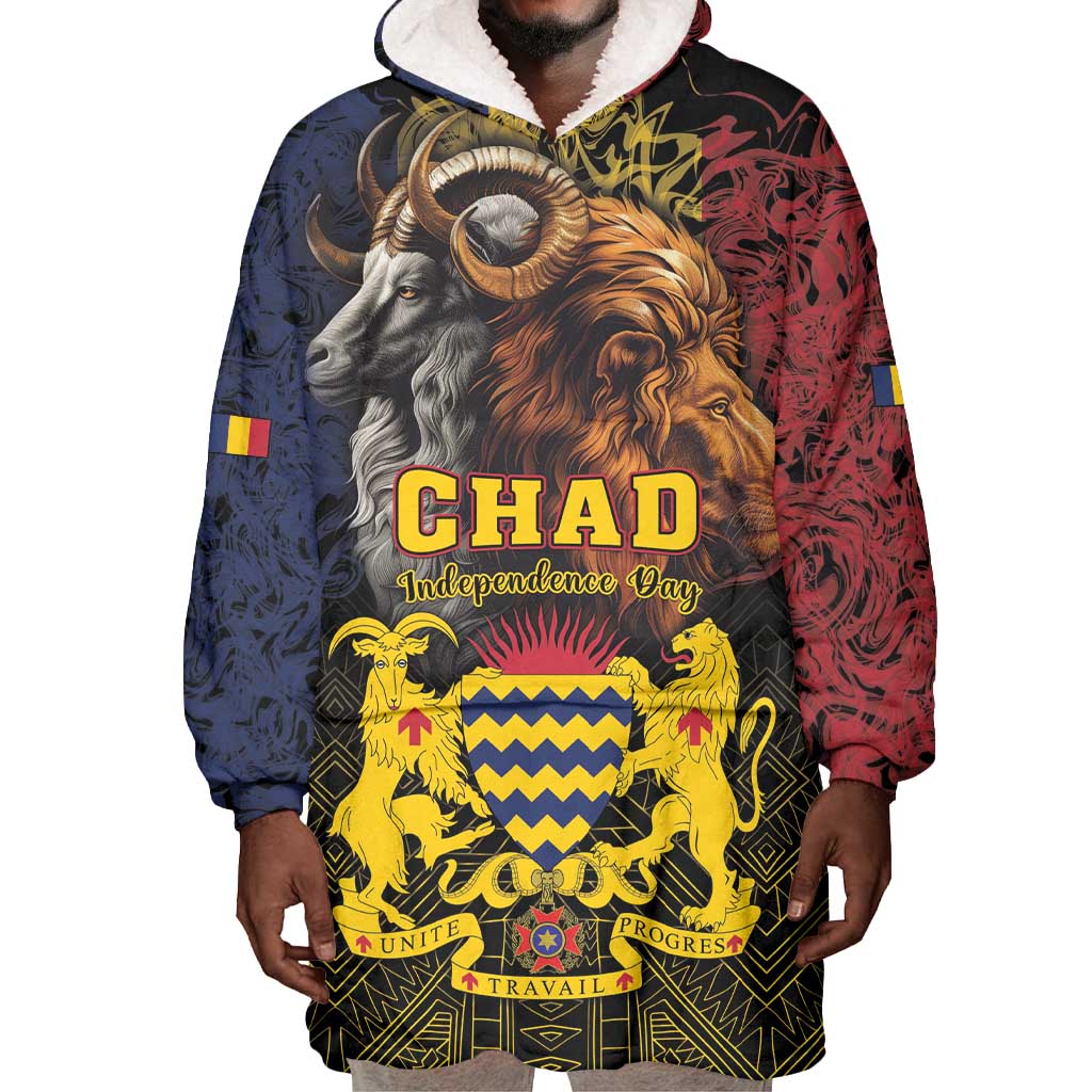 Chad Independence Day 1960 Wearable Blanket Hoodie Tchad Goat and Lion African Pattern LT01