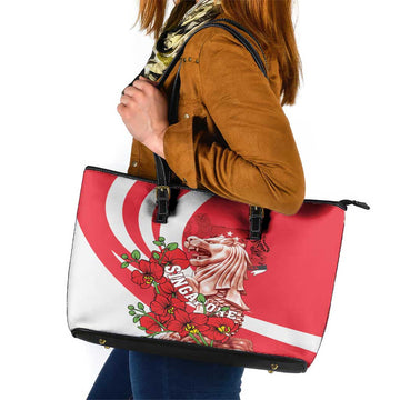 Singapore Leather Tote Bag The Merlion With Red Orchid LT01