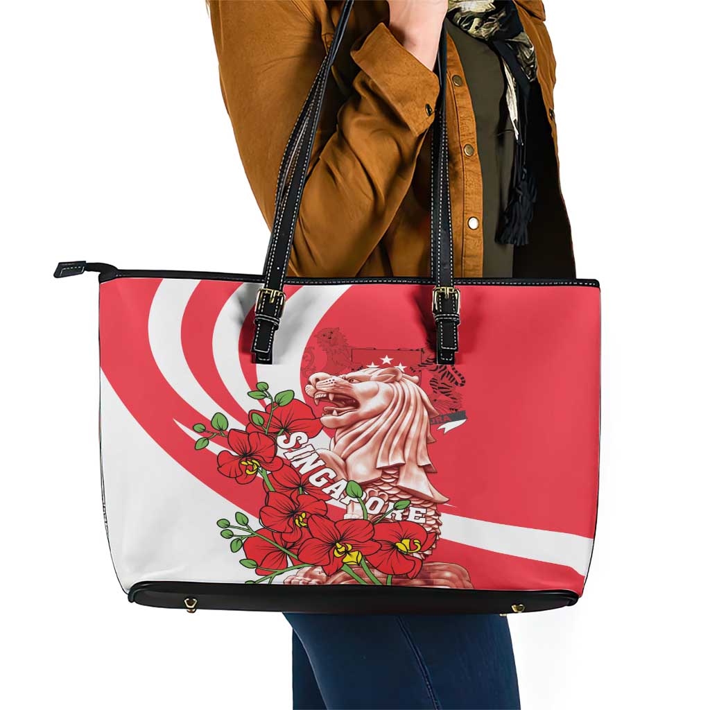 Singapore Leather Tote Bag The Merlion With Red Orchid LT01