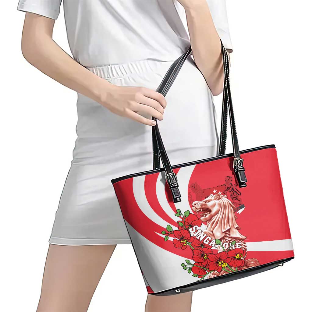 Singapore Leather Tote Bag The Merlion With Red Orchid LT01