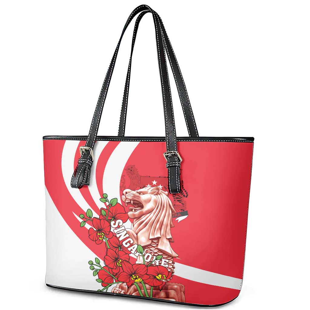 Singapore Leather Tote Bag The Merlion With Red Orchid LT01