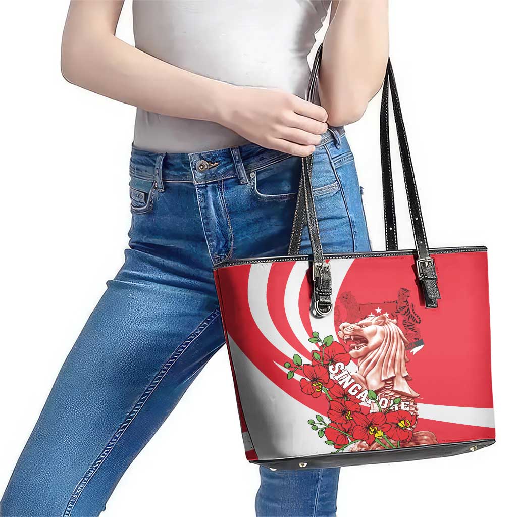 Singapore Leather Tote Bag The Merlion With Red Orchid LT01