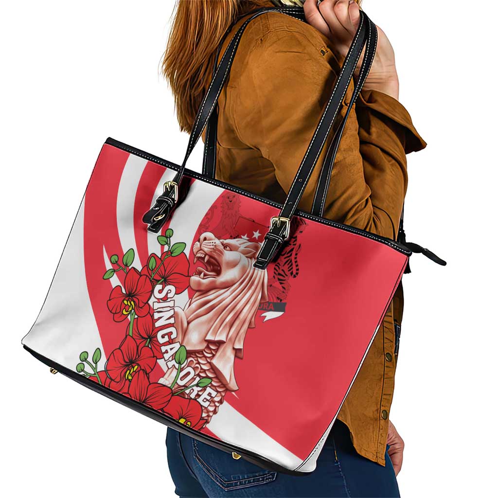 Singapore Leather Tote Bag The Merlion With Red Orchid LT01