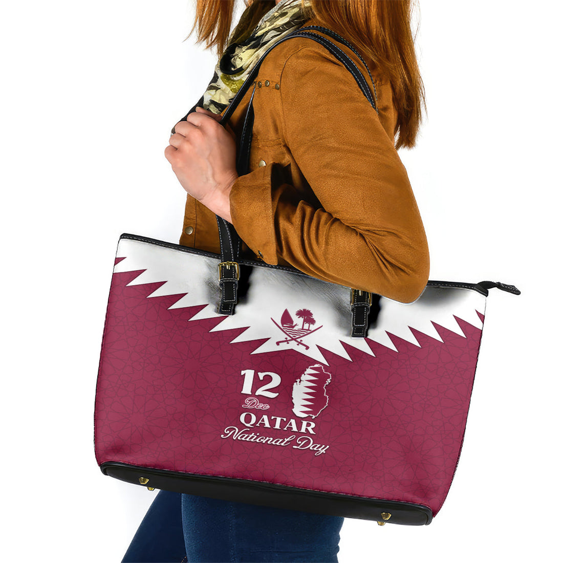 Qatar National Day Leather Tote Bag Dawlat Qatar Map Islamic Pattern LT01