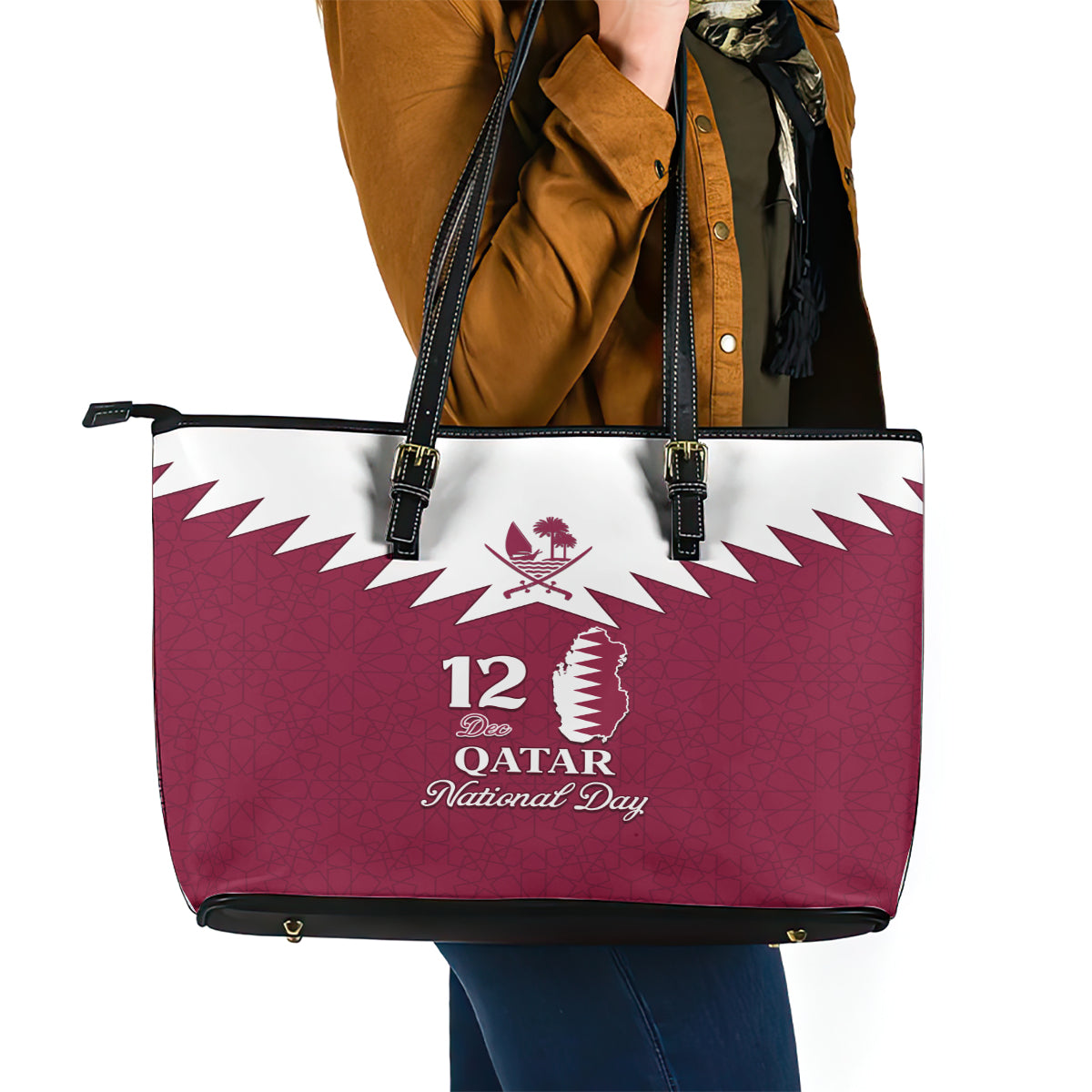 Qatar National Day Leather Tote Bag Dawlat Qatar Map Islamic Pattern LT01