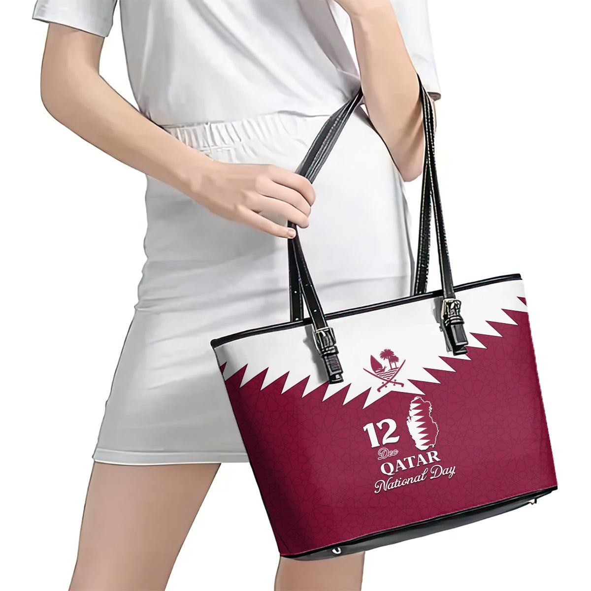 Qatar National Day Leather Tote Bag Dawlat Qatar Map Islamic Pattern LT01