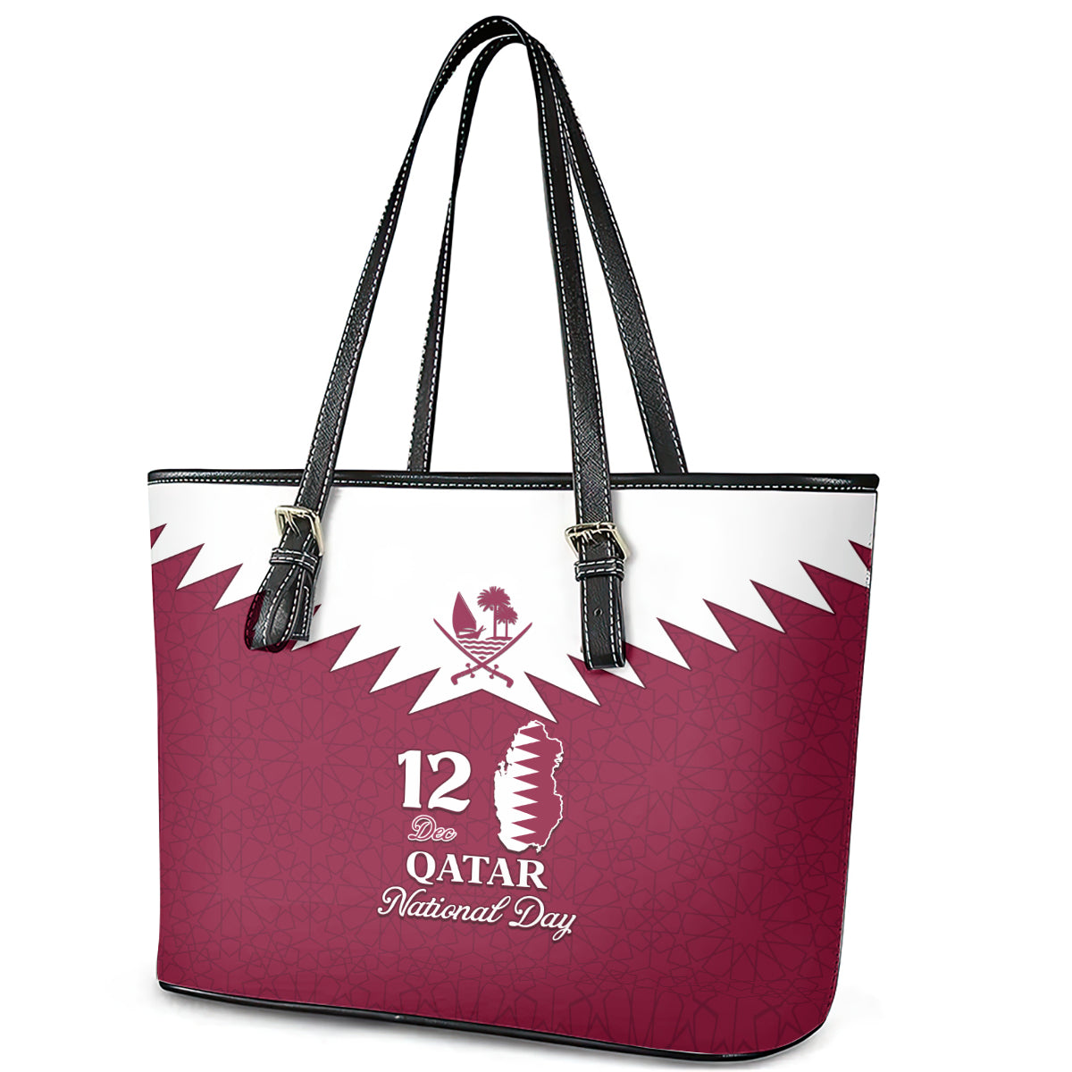 Qatar National Day Leather Tote Bag Dawlat Qatar Map Islamic Pattern LT01
